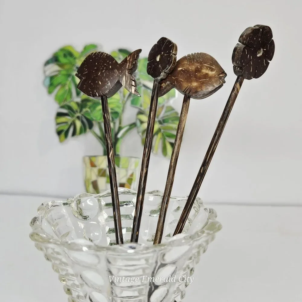 Vtg Coconut Drink Stirs Sticks Fish Flower Mini Spoons Luau Tiki Bar Beach Party